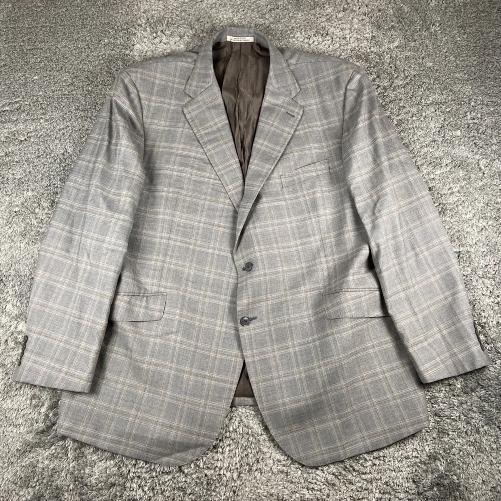 Joseph Abboud 2 Piece Suit Mens Blazer 48R Trouser 44x31 Grey Plaid Wool Preppy